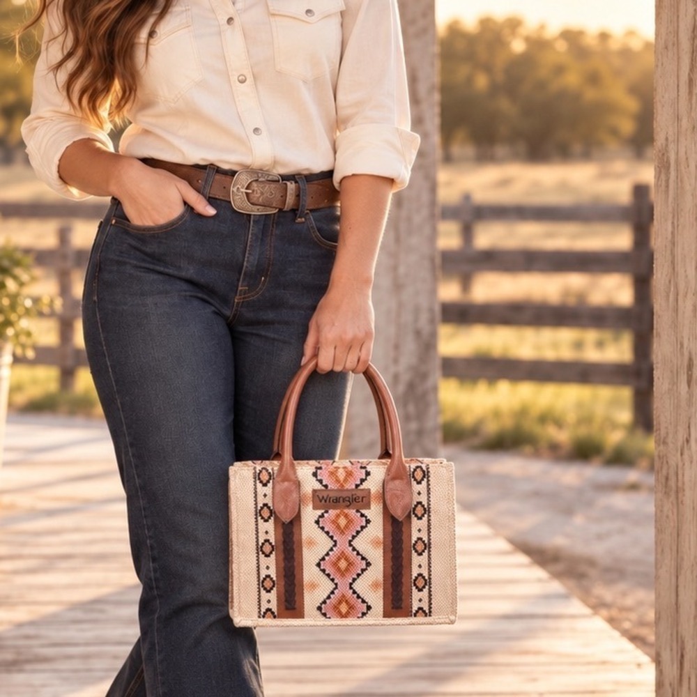 Wrangler Southwestern Woven Tapestry Tote Bag Western Aztec Pink Brown